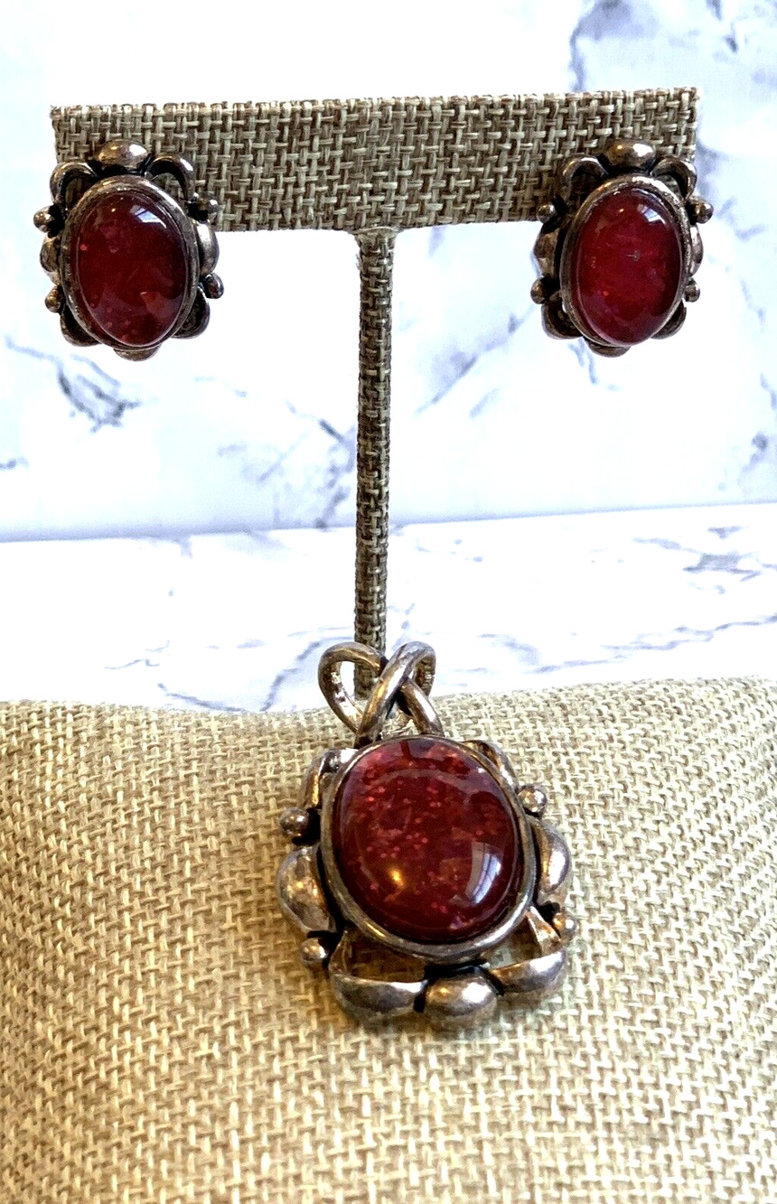 Vintage Faux Amber Pierced Earrings Pendant Set Cabochons Antiqued Silver Tone